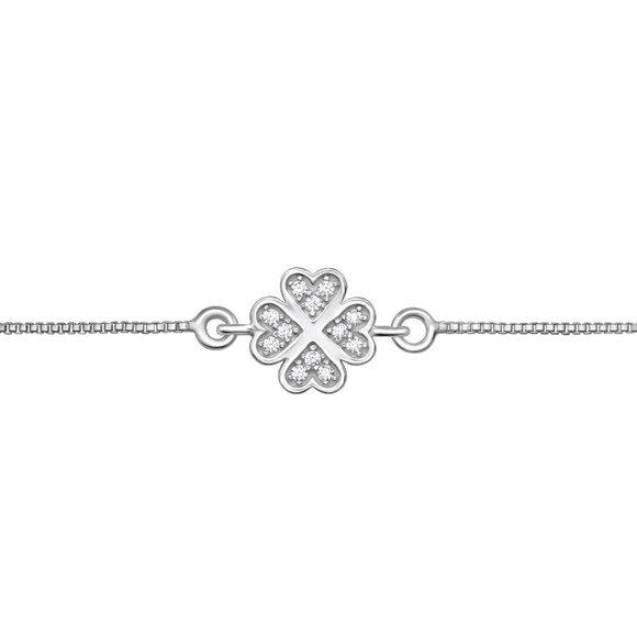 Rhodium Plated Sterling Silver Four-Leaf Clover Bracelet – Adjustable with CZ - Picture 2 of 2